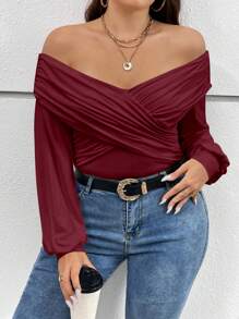 SHEIN Privé Plus Size Off-shoulder Lantern Sleeve T-shirt - Burgundy - View 1