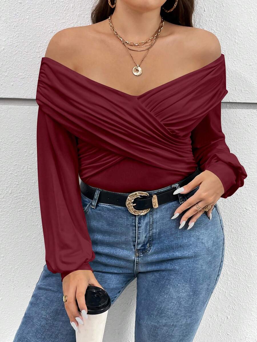 SHEIN Privé Plus Size Off-shoulder Lantern Sleeve T-shirt - Burgundy - View 1
