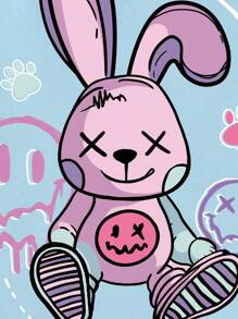 SHEIN Qutie 女兔印花笑臉設計衛衣 - 淺藍色 - 查看 3