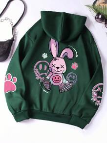 SHEIN Qutie 女士卡通印花连帽衫，配有保暖内衬和抽绳 - 綠色 - 查看 1