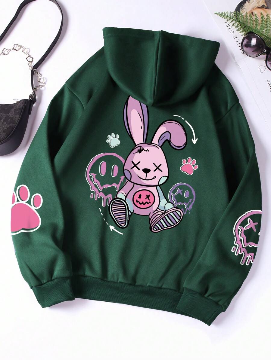 SHEIN Qutie 女士卡通印花连帽衫，配有保暖内衬和抽绳 - 綠色 - 查看 1