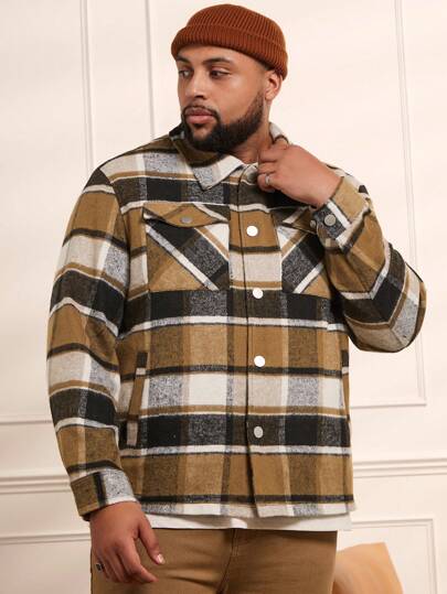 Manfinity VCAY Jaqueta Casual de Lã Xadrez Plus Size Masculina