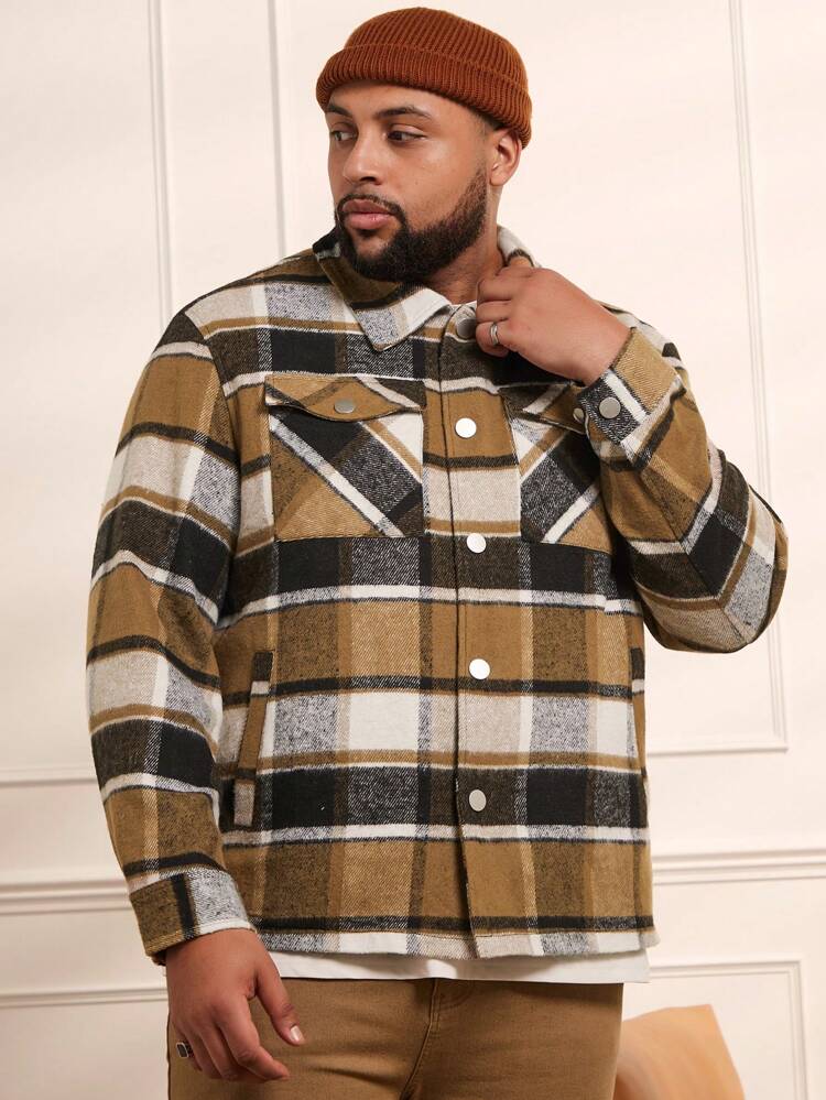 Men's Plus Size Woven Plaid Casual Woolen Jacket, For Fall Winter