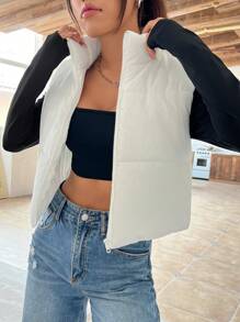 SHEIN EZwear Dây kéo Áo gi lê Lông vũ - trắng - Xem 3