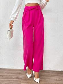 SHEIN Privé Twisted Knotted High Waist Wide Leg Pants - Hot Pink - View 4