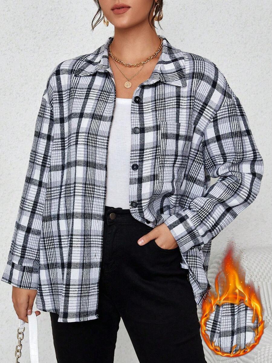 SHEIN Franclia Plus Plaid Print Drop Shoulder Shirt - Multicolor - View 1
