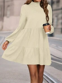 SHEIN LUNE Stand Collar Solid Color Lantern Sleeve Ruffled Hem Doll Dress With Long Sleeves - Apricot - View 5