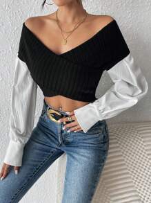 SHEIN Privé Top De Mujer Con Bloques De Color Y Hombros Cruzados - Blanco y Negro - Ver 3