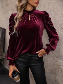 SHEIN Clasi Plush Keyhole Neckline Puff Sleeve T-shirt - Burgundy - View 1