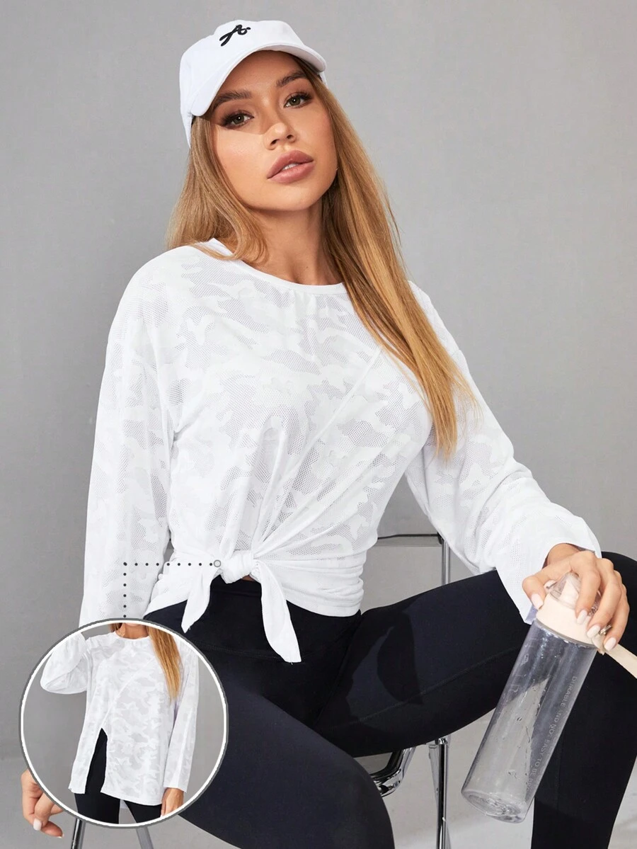 SHEIN Daily&Casual 女士迷彩分割式運動t恤 - 白色 - 查看 1