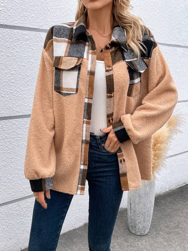 Contrast Plaid Print Flap Pocket Coat Fall Cloth For Women