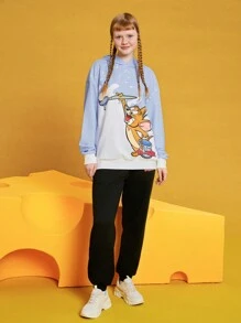TOM & JERRY X SHEIN Unisex Cartoon Printed Hooded Sweatshirt And Pants Set - Blue - View 5