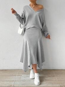 Chiquease V-Neck Folds Drop Shoulder Fleece Sweatshirt And Asymmetric Hem Skirt Autumn And Winter Two-Piece Set Fall Cloth For Women - Light Grey - View 1
