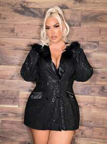 SHEIN SXY Áo khoác lông lấp lánh cỡ lớn cho lễ tốt nghiệp, trở lại trường, trang phục giáo viên dành cho phụ nữ vào mùa thu/đông - màu đen - Xem 1