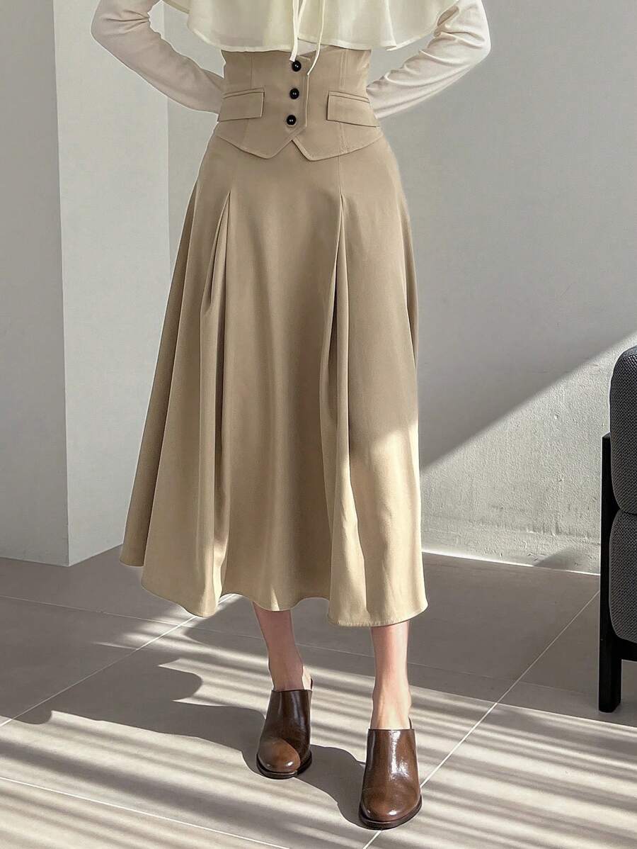 FRIFUL Của phụ nữ Cao eo Chi tiết Nút Váy - Màu Khaki - Xem 1