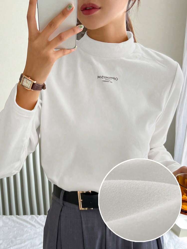 Letter Graphic Mock Neck Tee Long Sleeve Women Tops,Thermal Lined