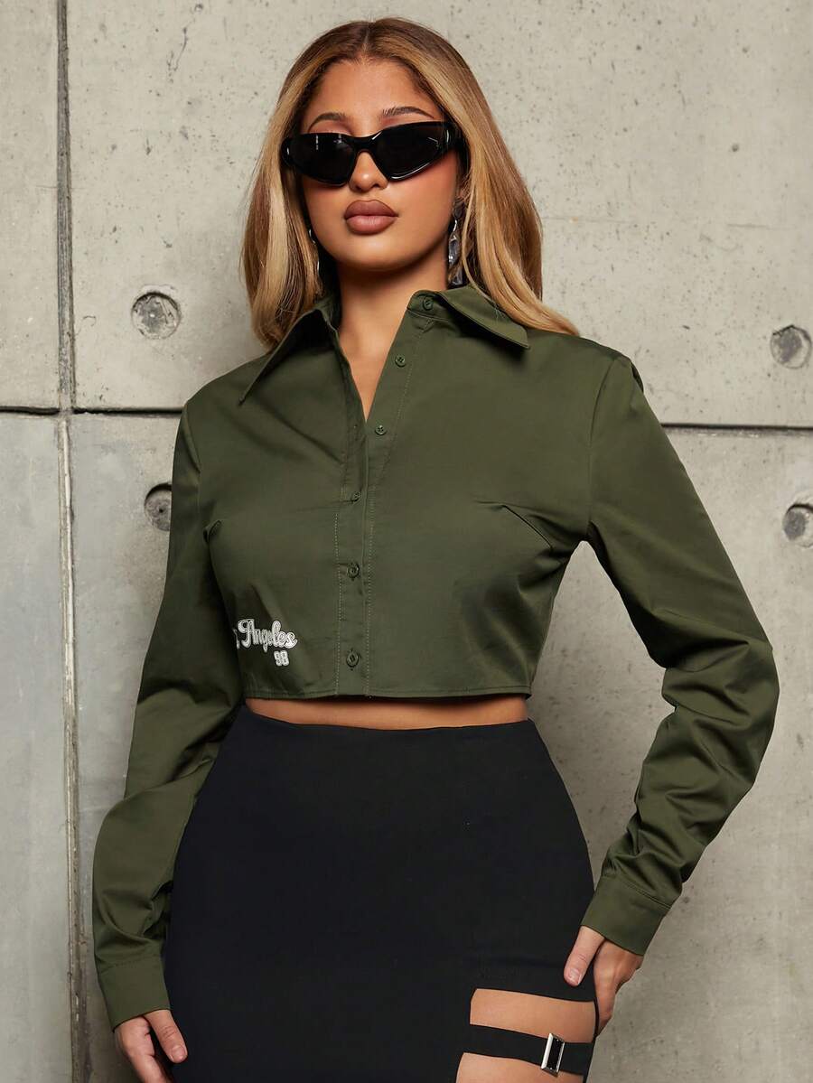 SHEIN SXY 字母印花長袖短上衣 - 軍綠色 - 查看 1