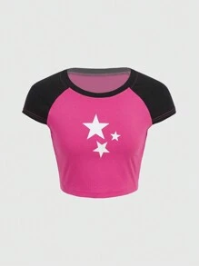 ROMWE Kawaii Star Pattern Raglan Sleeve T-shirt - Hot Pink - View 1
