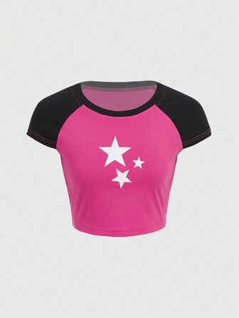 Kawaii T-shirt Mit Sternmuster Und Raglanärmeln