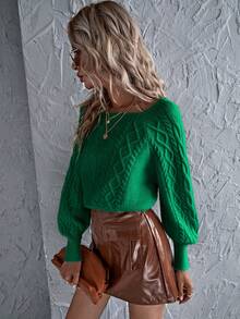 SHEIN LUNE Women'S Solid Color Cable Knitted Loose Casual Sweater - Green - View 5