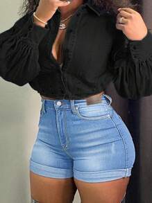 Denim Shorts With Frayed Hem And Slim Fit Design - Light Wash - View 1