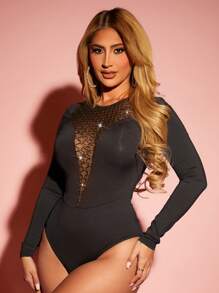 SHEIN SXY Gợi cảm Hộp đêm Của phụ nữ Trong suốt Lưới Trang trí Long lanh Chi tiết Tay áo dài Đen Áo liền quần chặt - màu đen - Xem 3