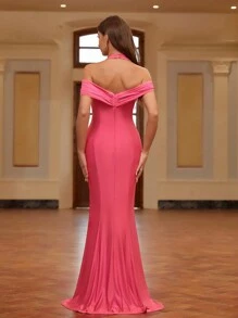 SHEIN Belle Pleated, Halter Off Shoulder, Ruched, High Slit, Mermaid Style Women'S Evening Dress (Heavy Duty) Evening Gown - Pink - View 3