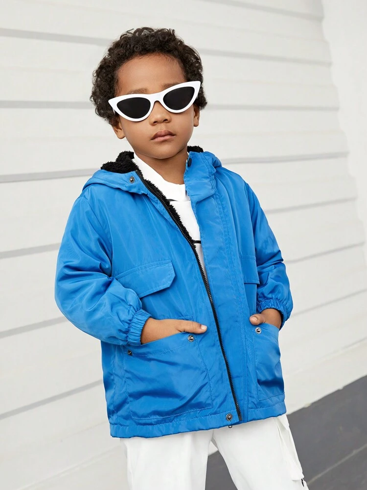 Young Boys' Casual Comfortable Zipper Hooded Jacket With Pockets And Thermal Lined