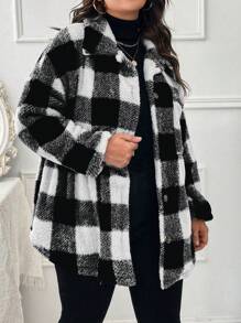 SHEIN LUNE Plus Buffalo Plaid Pattern Drop Shoulder Teddy Coat, For Winter - Black and White - View 5