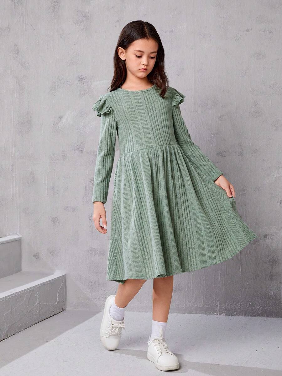 SHEIN Tween Girl Retro Ruffled Ribbed Knit A-Hem Waisted Long-Sleeved Dress - Green - View 1