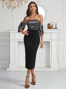 SHEIN Belle Vestido de noche color bloqueo diseño , plata de tela , recto cortar de mujeres formal ( tarea pesada ) - Multicolor - Ver 1