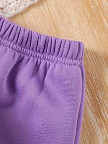 SHEIN Girls' 2pcs/set Casual Sportswear, Including Color-blocked Sweatshirt With Letter Print And Sports Pants. Suitable For Autumn And Winter Seasons. - Purple - View 6