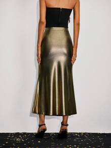 SHEIN Clasi Mermaid Tail Hem Skirt - Gold - View 2