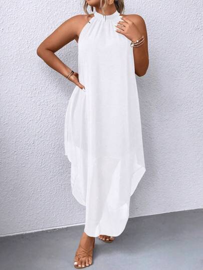 EMERY ROSE Women's Plus Size Halter Solid Color Dress Maxi Women Outfit