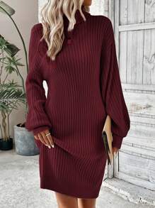 SHEIN LUNE 高領燈籠袖落肩毛衣連身裙 - 酒紅色 - 查看 6