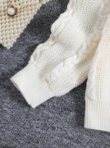 SHEIN Tween Girl Cable Knit Drop Shoulder Mesh Ruffle Trim Sweater & Knit Skirt - Beige - View 5