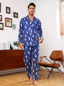 Men Cartoon Graphic PJ Set - Blue - View 3