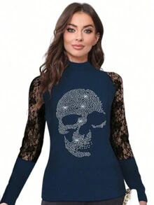 Skull Print Contrast Lace Raglan Sleeve Tee - Navy Blue - View 1