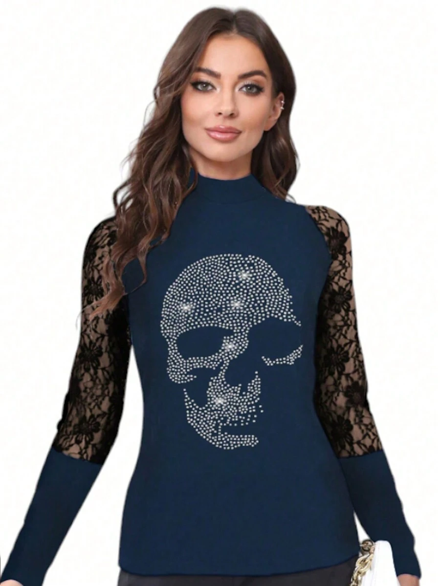 Skull Print Contrast Lace Raglan Sleeve Tee - Navy Blue - View 1