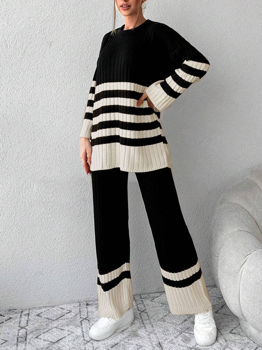 RueChic Striped Pattern Drop Shoulder Sweater & Knit Pants - Black and White - View 1