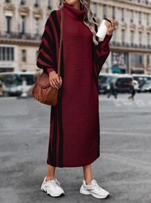 SHEIN LUNE Turtleneck Striped Batwing Sleeve Sweater Dress Fall Cloth For Women - Burgundy - View 4