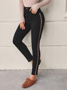 SHEIN LUNE Leopard Patchwork Side Striped Skinny Jeans - Black - View 1