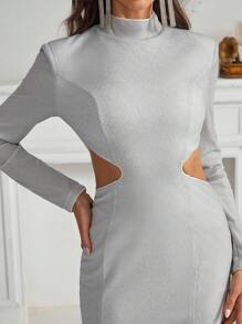 SHEIN Belle 鏤空設計,緊身風格,閃閃發光針織女性洋裝 - 銀色 - 查看 7