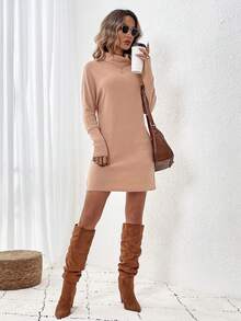 SHEIN LUNE Ribbed High Neck Long Sleeve Sweater Dress - Apricot - View 4