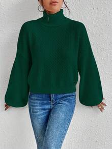 SHEIN Frenchy Màu thuần Cổ cao Xu hướng: Cắt giảm Xoay lại Tay áo lồng đèn Áo len - màu xanh lá - Xem 3