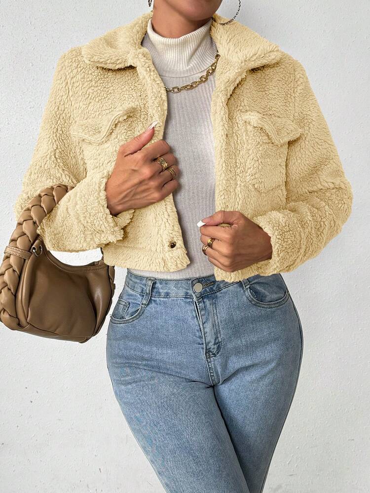 Flap Pocket Cropped Jacket Fall Cloth For Women