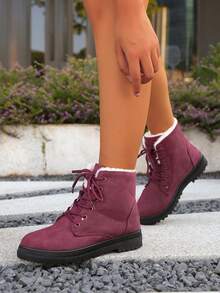 时尚大码女式踝靴，户外防滑保暖冬季雪地靴，黑色 - 中紫紅色 - 查看 5