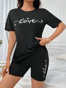 Conjunto de pijama shorts con camiseta con estampado de letra - Negro - Ver 1
