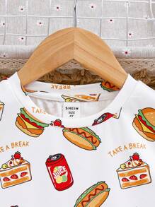 SHEIN Toddler Girls' Casual Street-style Knitted Short Sleeve T-shirt And Leggings Set