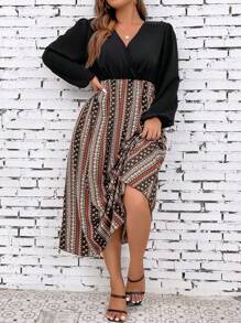 SHEIN LUNE Hơn In hoa Ditsy Surplice cổ Tay áo lồng đèn Đầm - Nhiều màu - Xem 2